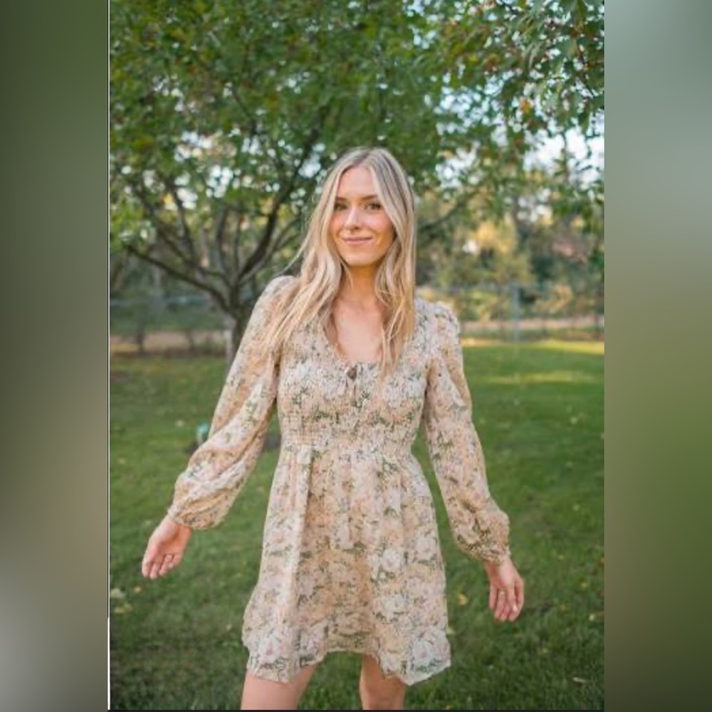 Heartloom Floral Smocked V-Neck Long Sleeve Dress